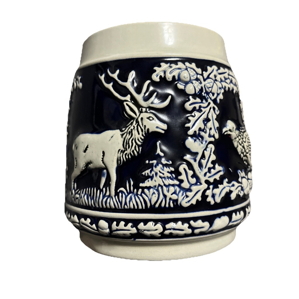 Vintage Marzi & Remy Elk & Turkey, German Beer Stein Dark Blue Relief .5L